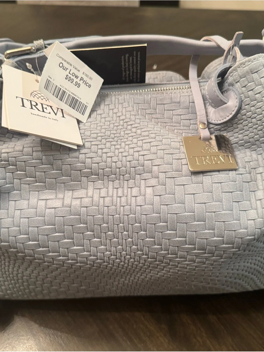 Woven Leather Tote Bag in Light Gray